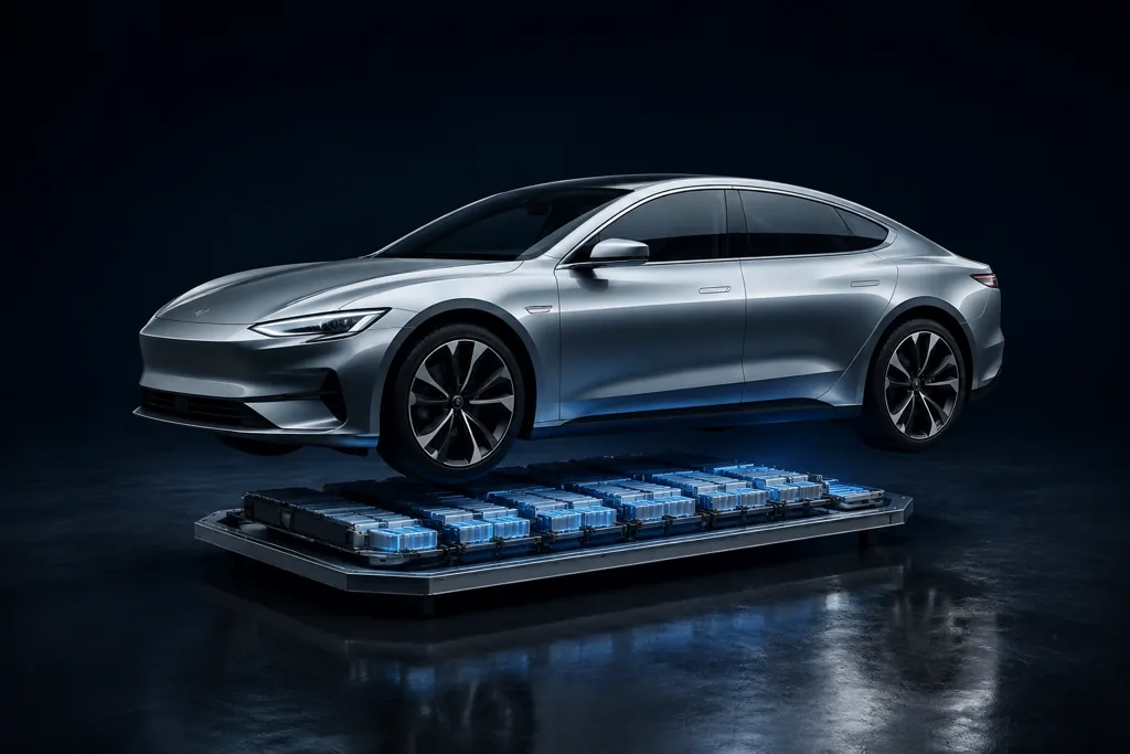 3D-Visualisierung eines Elektroautos mit separat dargestellter Unterbodenbatterie