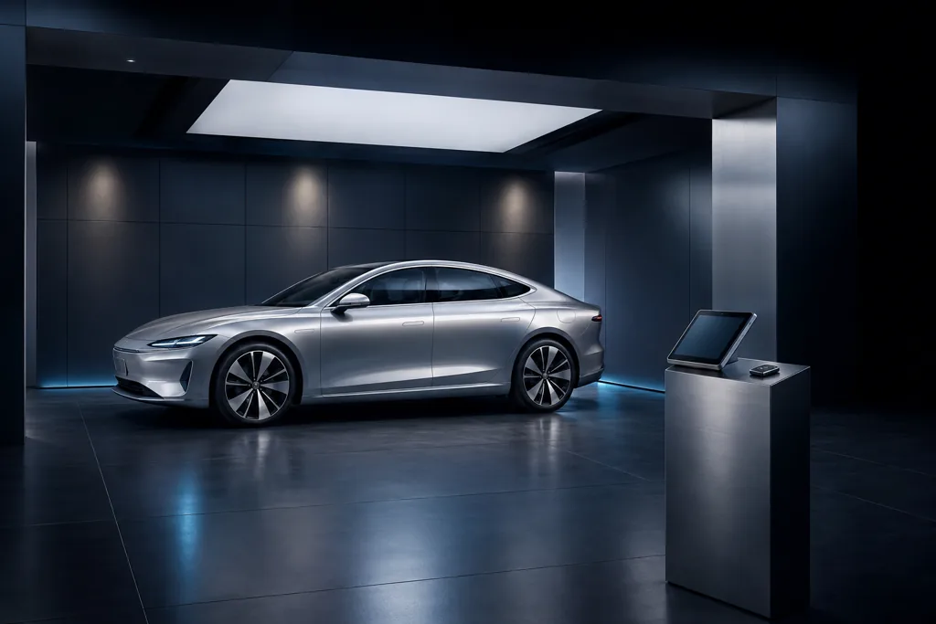 Elektroauto in einer modernen Übergabehalle mit Tablet und Fahrzeugschlüssel