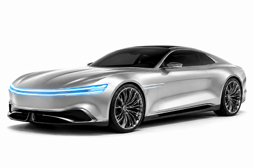 Markenneutrales perlsilbernes Elektro-Coupé mit blauen LED-Lichtbändern